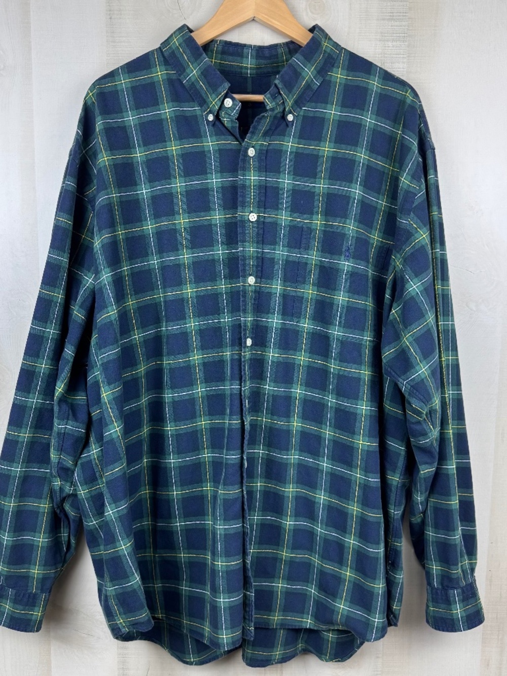 Ralph Lauren Men’s Long Sleeve Button Up Shirt Navy Blue Green Plaid Cotton 3XB